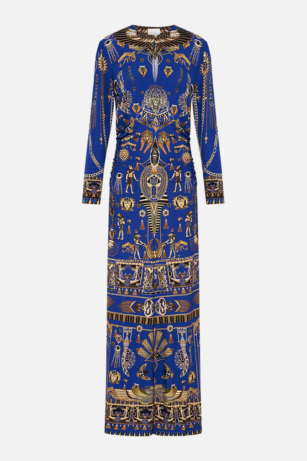 CAMILLA Gathered Jersey Long Dress in My Fair Pharaoh print. 