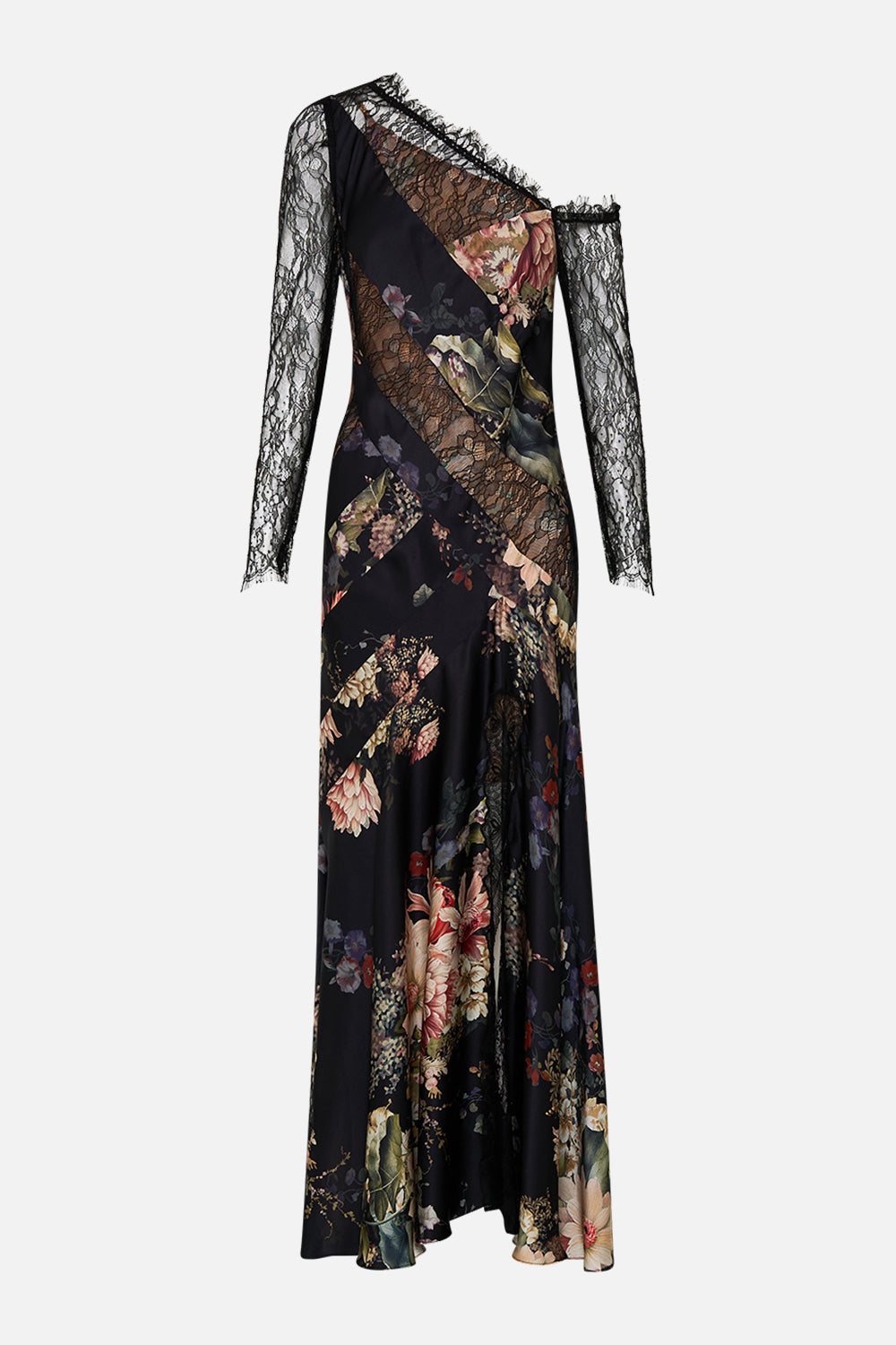 CAMILLA lace splice one shoulder dress in Dynasty Daze print. 