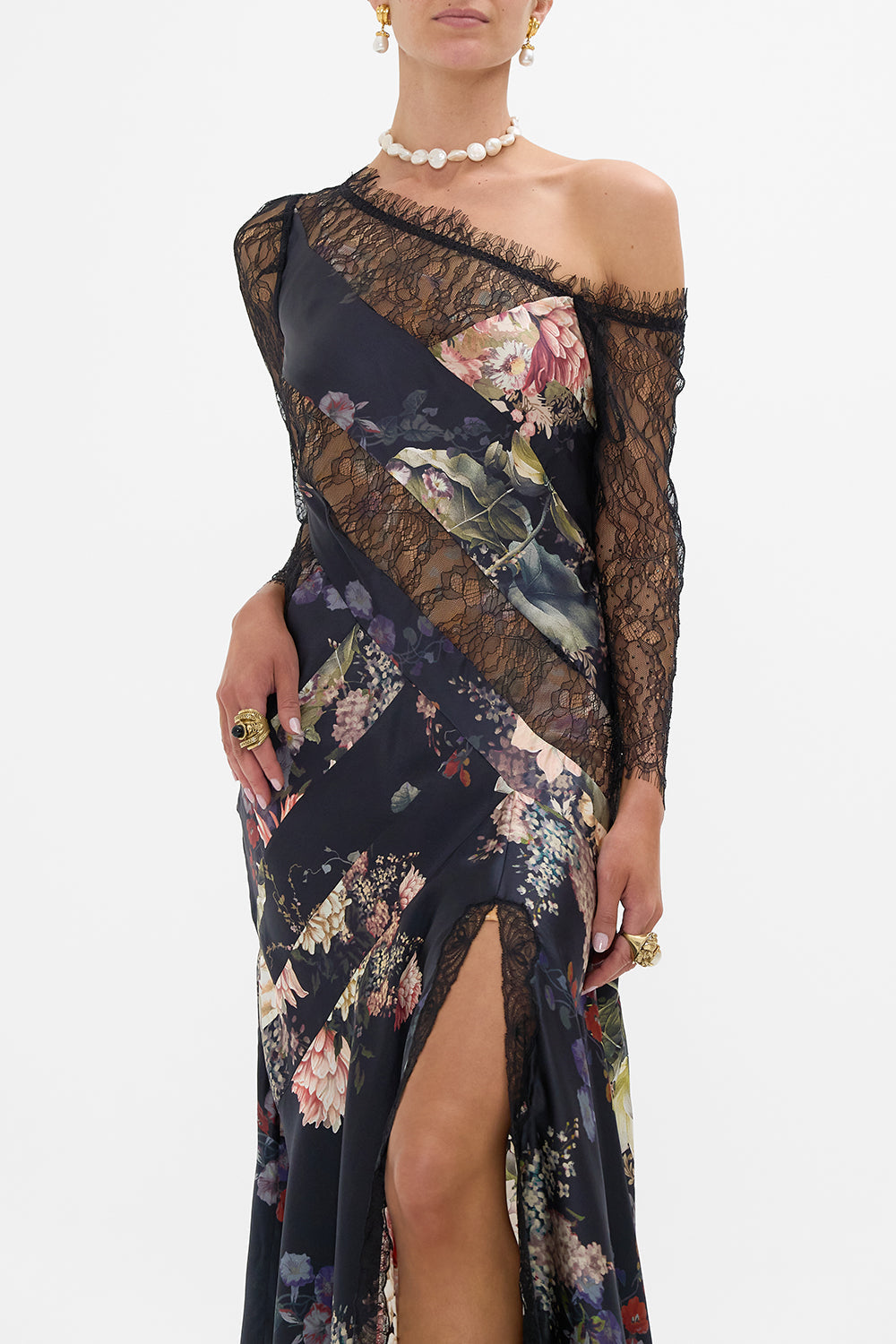 CAMILLA lace splice one shoulder dress in Dynasty Daze print. 