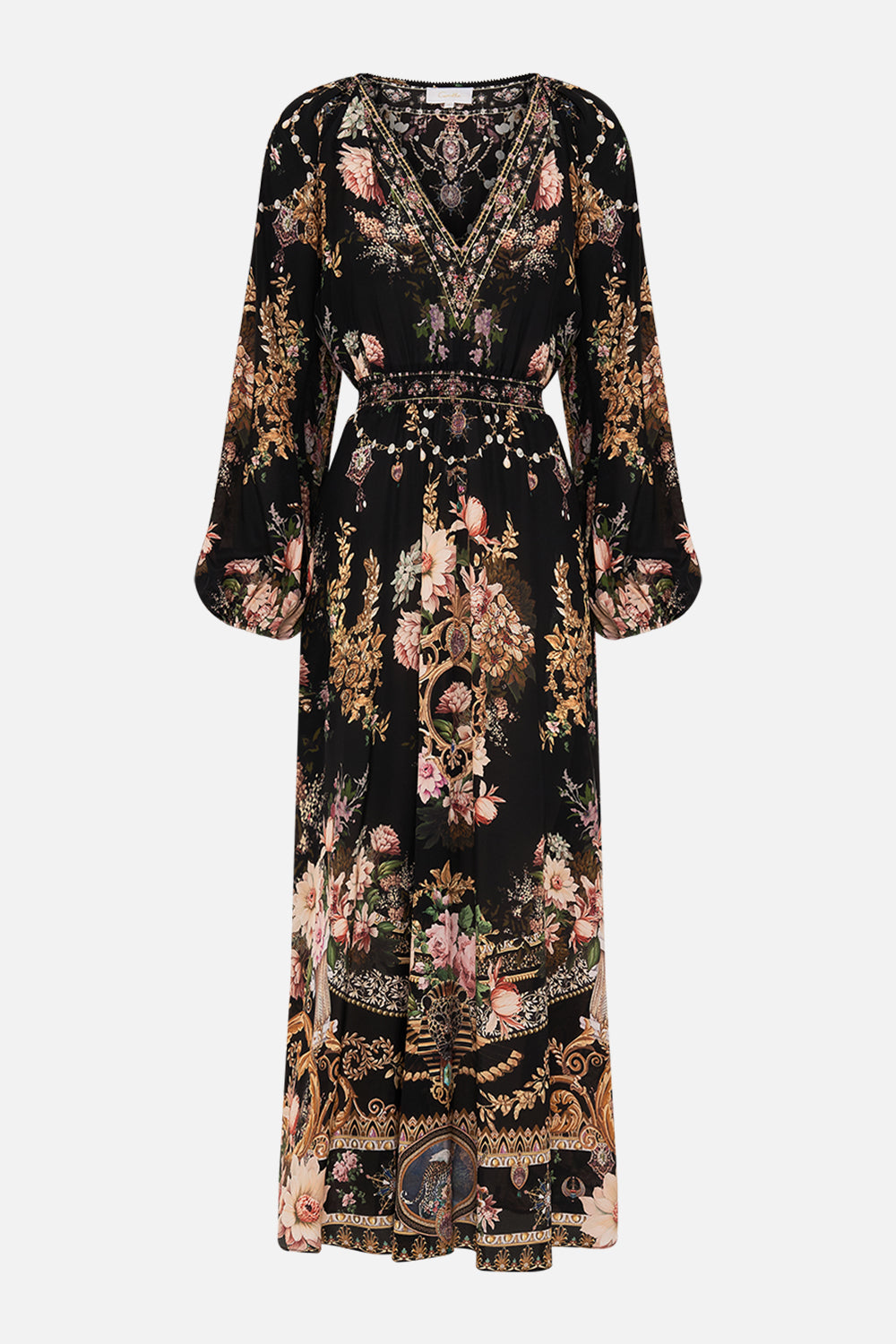 CAMILLA raglan shirred waist dress in Dynasty Daze print. 