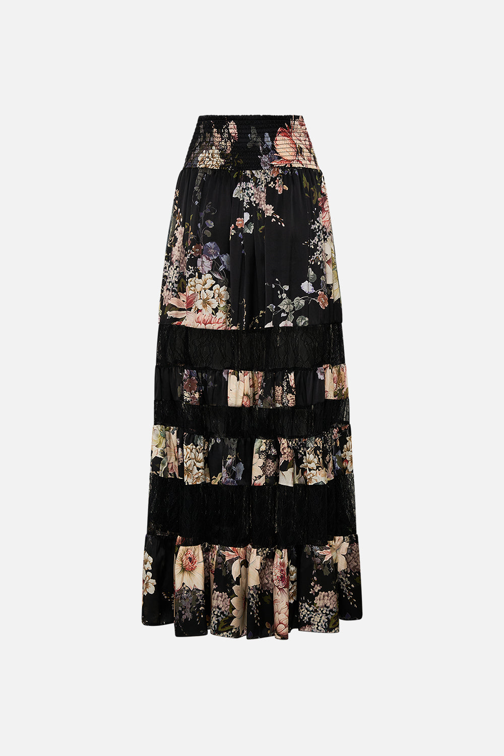 CAMILLA maxi skirt with lace inserts in Dyansty Daze print.  