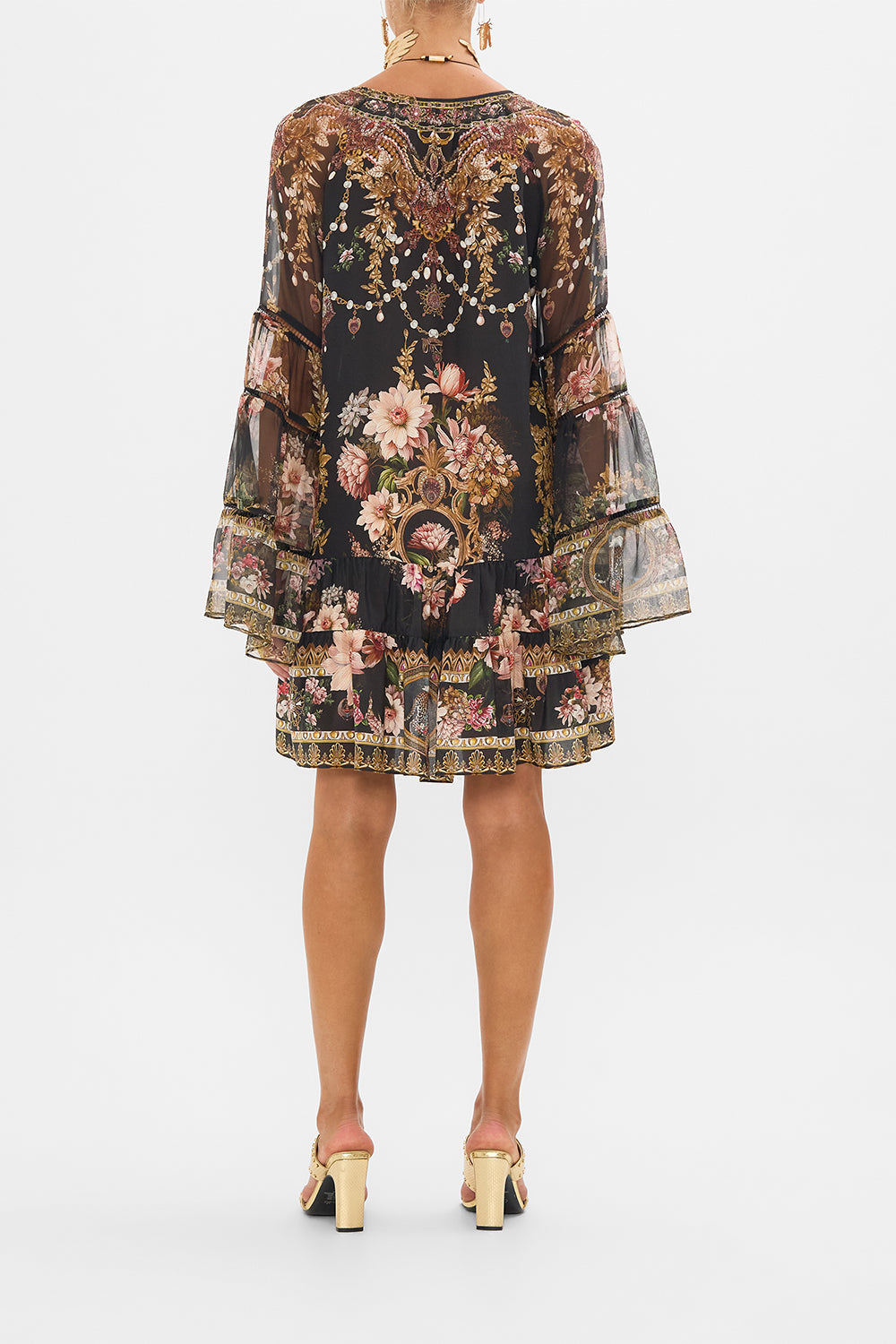 CAMILLA a line gathered panel dress with lace trims in Dyansty Daze print. 
