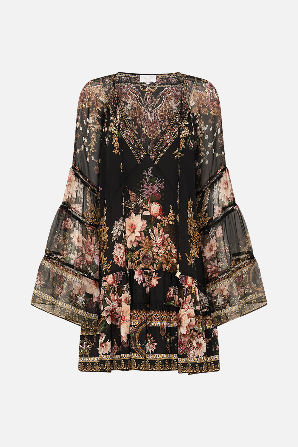 CAMILLA a line gathered panel dress with lace trims in Dyansty Daze print. 