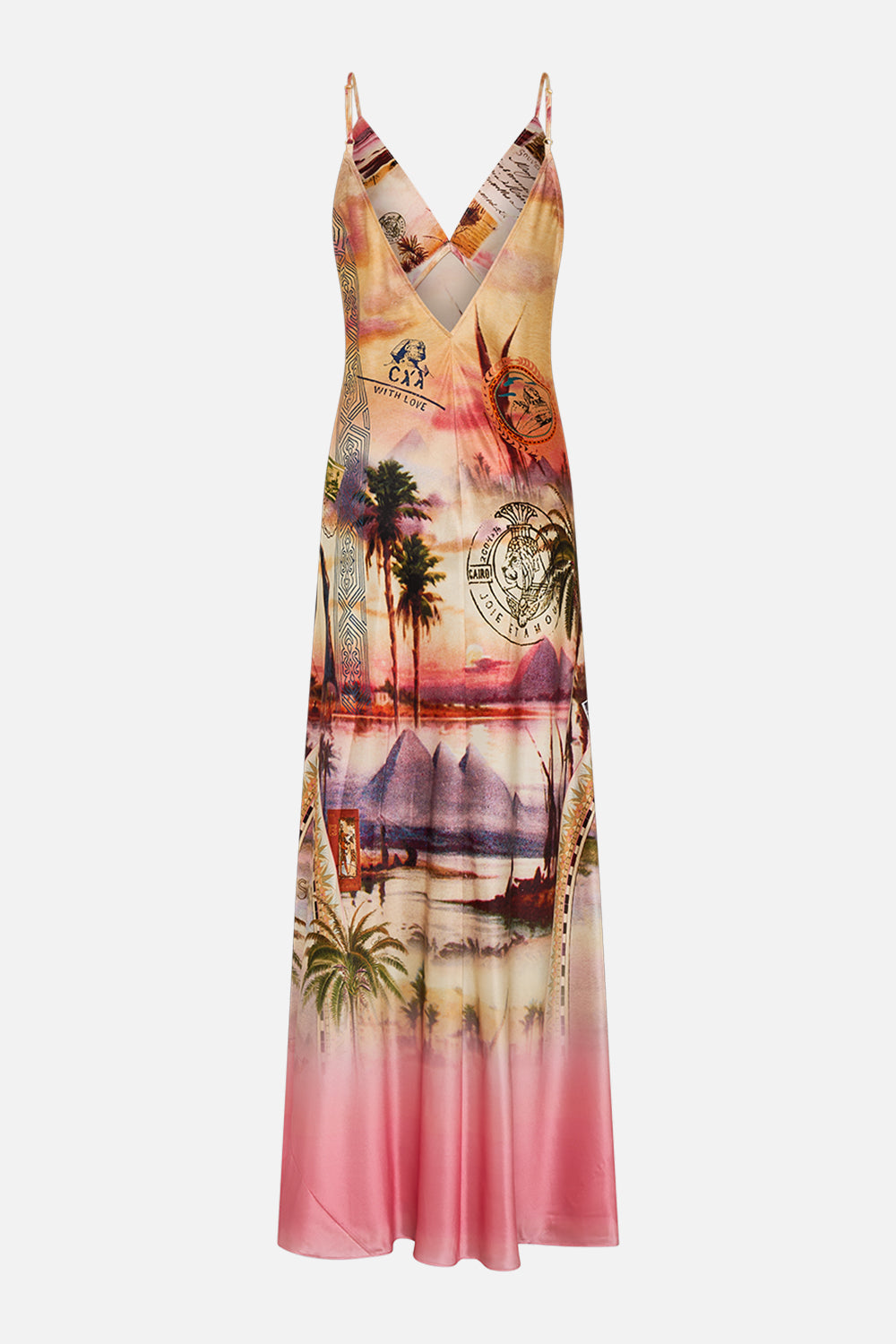 CAMILLA v neck full length bias slip dress in Milla's Got Mail print. 