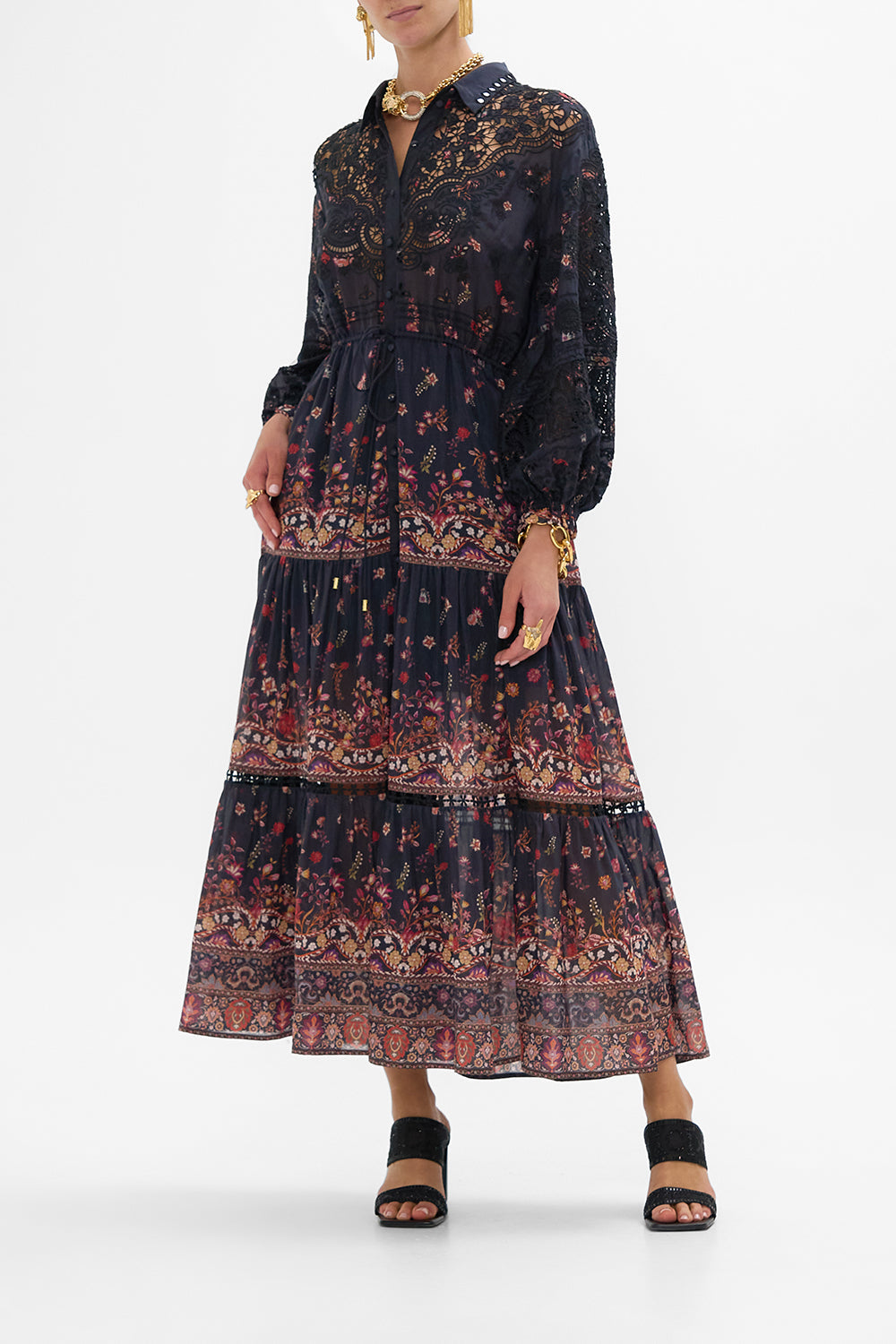 CAMILLA Embroidered Tiered Long Shirt Dress Loom to Tomb print