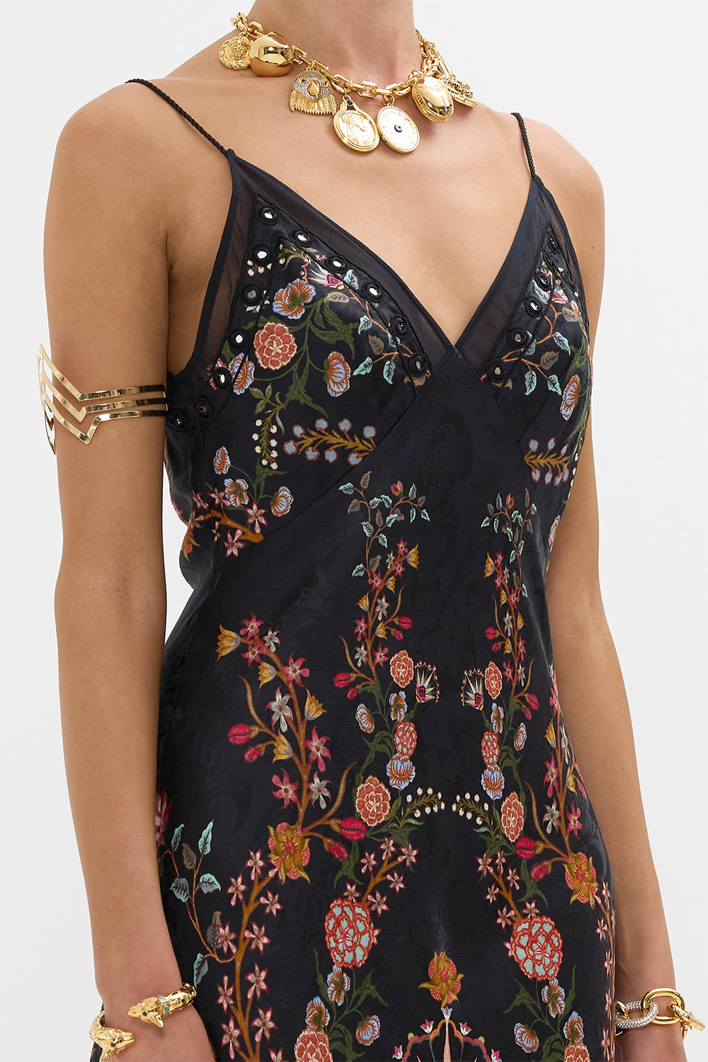 CAMILLA Floral Jacquard Full Length Bias Slip Dress in Loom to Tomb print