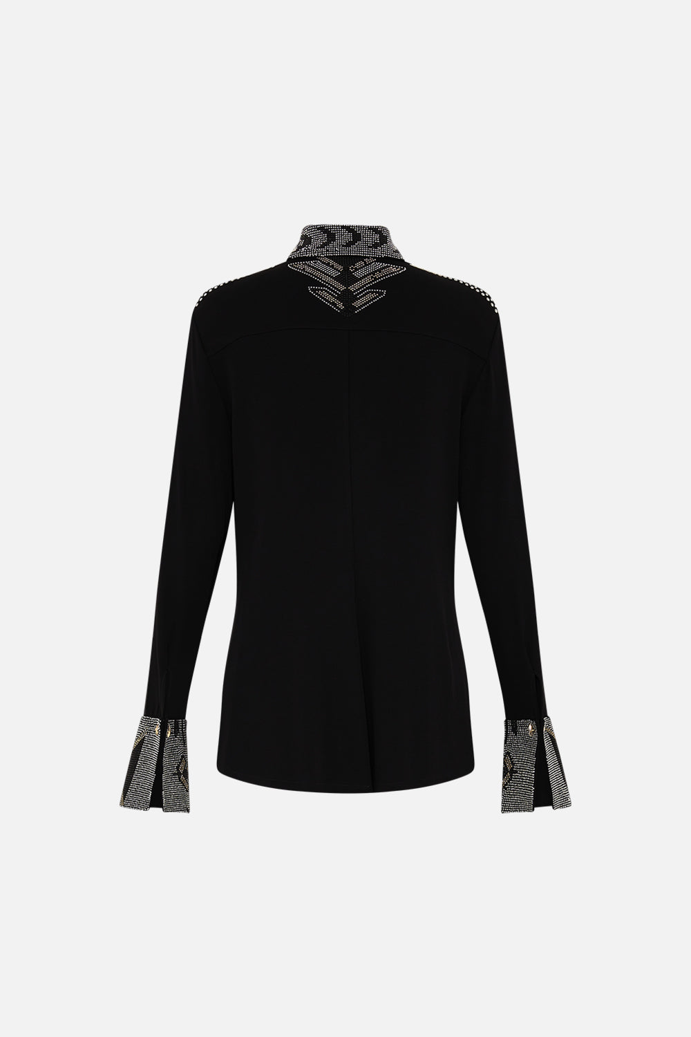 CAMILLA Black Fitted Jersey Shirt in They Called Her Nefertari print.