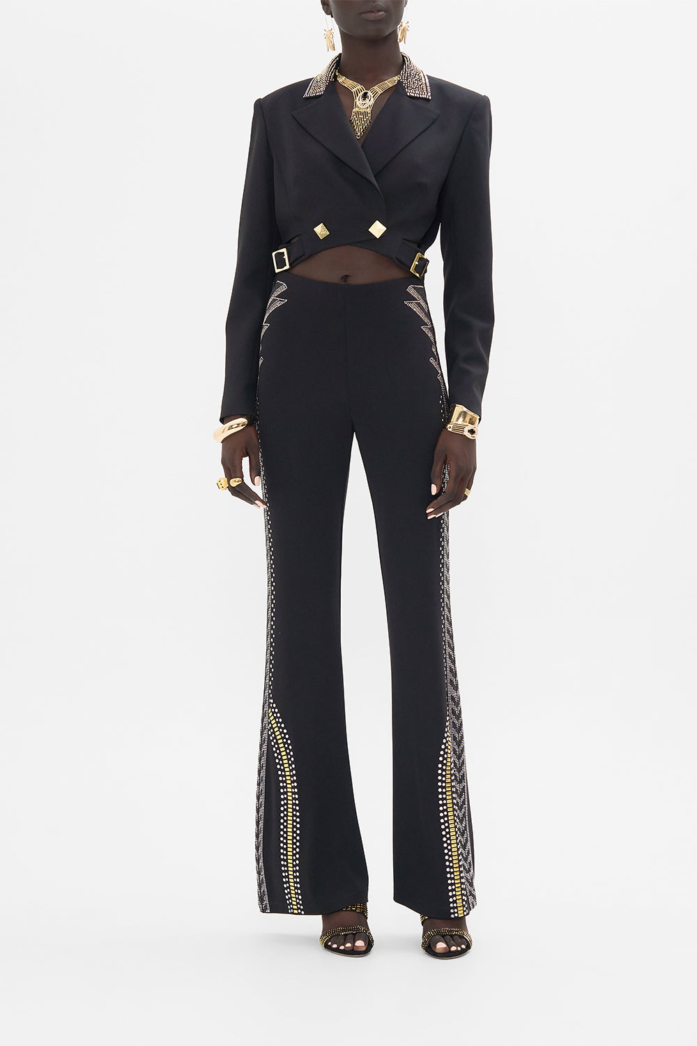CAMILLA Black/Gold Jersey Flare Pant in They Called Her Nefertari print