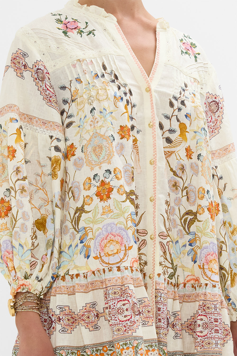 CAMILLA Pintuck Yoke Short Dress in Honour of Heirlooms print