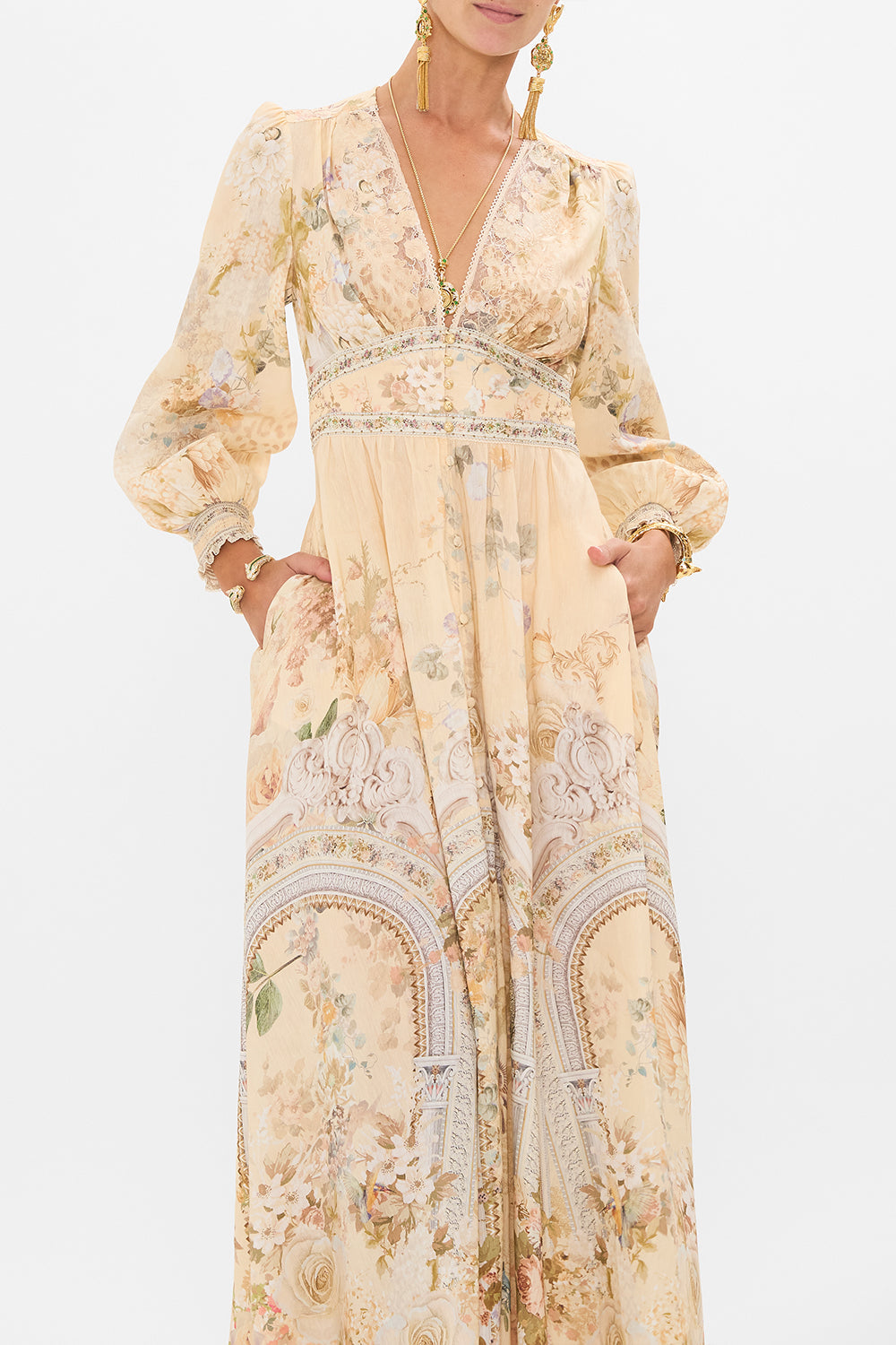 CAMILLA button dress with shaped waistband in Adorned in Antiquity print. 