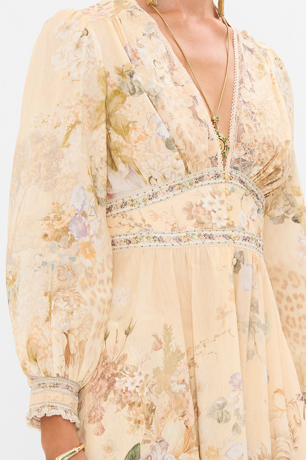 CAMILLA button dress with shaped waistband in Adorned in Antiquity print. 