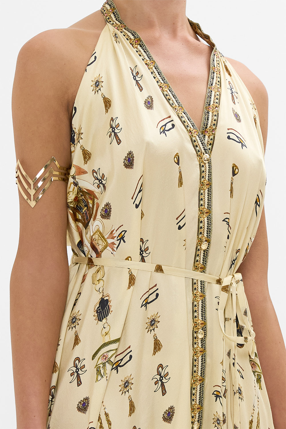 CAMILLA Gold Jumpsuit with Drop Crotch in Gateway to the Afterlife Print