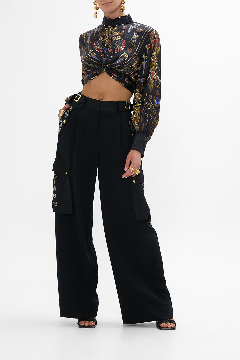 CAMILLA Long Sleeve High Neck Top With Knot Front in Cartouche Kingdom print. 