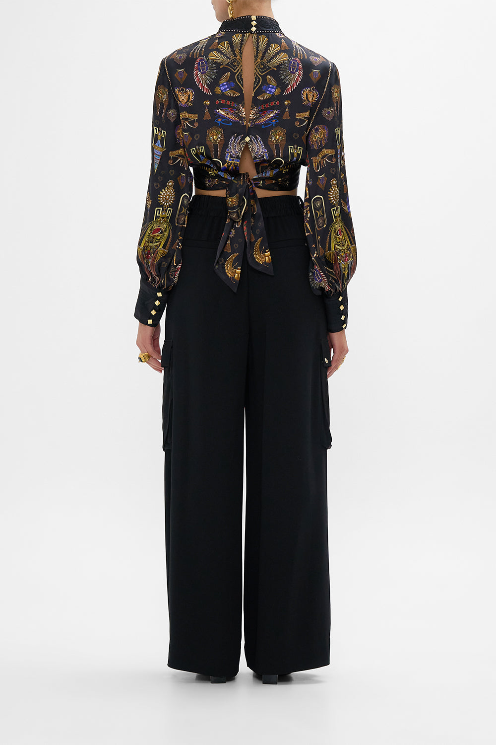 CAMILLA Long Sleeve High Neck Top With Knot Front in Cartouche Kingdom print. 