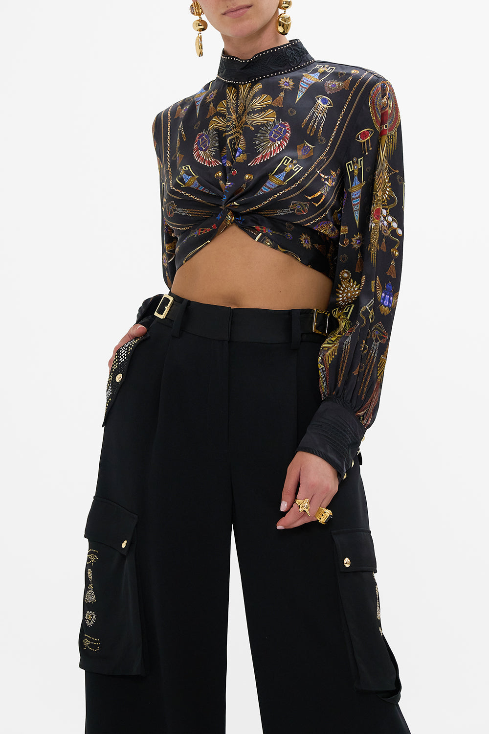 CAMILLA Long Sleeve High Neck Top With Knot Front in Cartouche Kingdom print. 