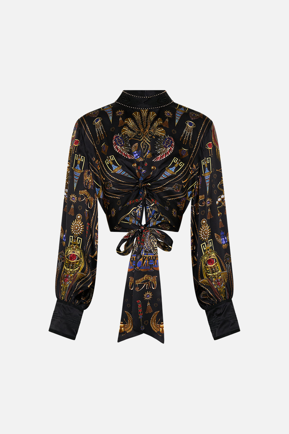 CAMILLA Long Sleeve High Neck Top With Knot Front in Cartouche Kingdom print. 