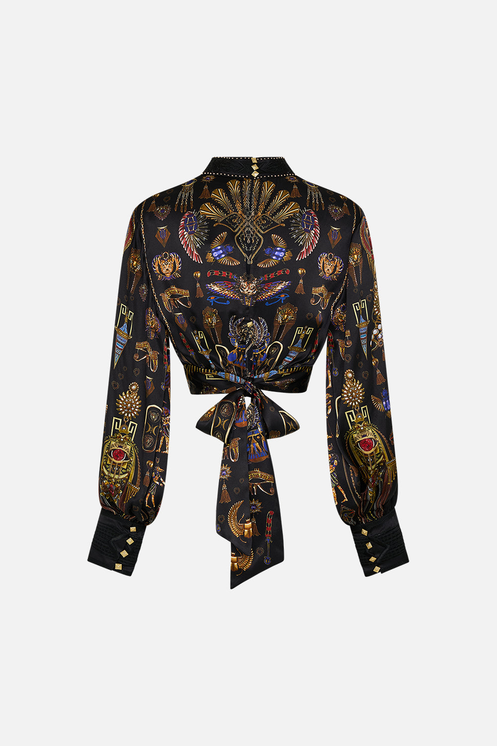 CAMILLA Long Sleeve High Neck Top With Knot Front in Cartouche Kingdom print. 
