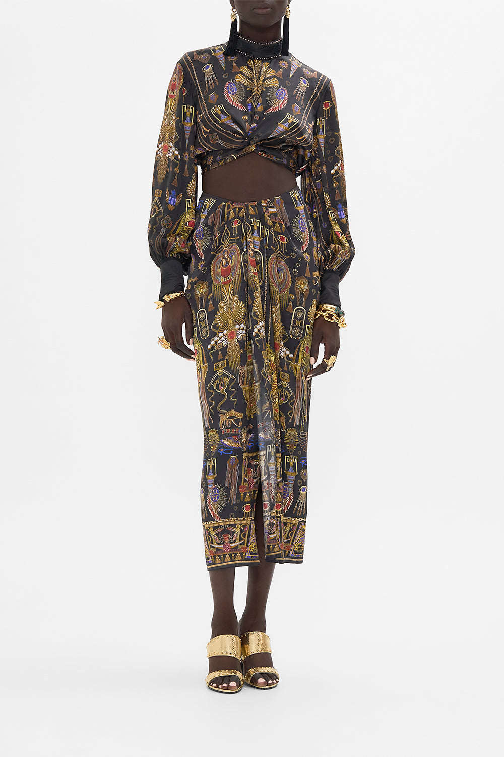 CAMILLA Long Sleeve High Neck Top With Knot Front in Cartouche Kingdom print. 