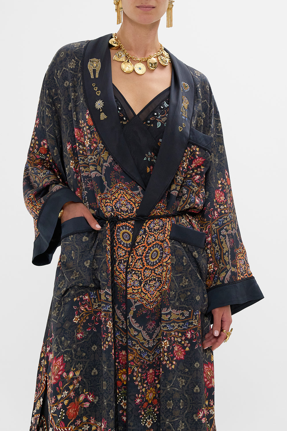 CAMILLA Long Robe with Flared Sleeve in Loom to Tomb print