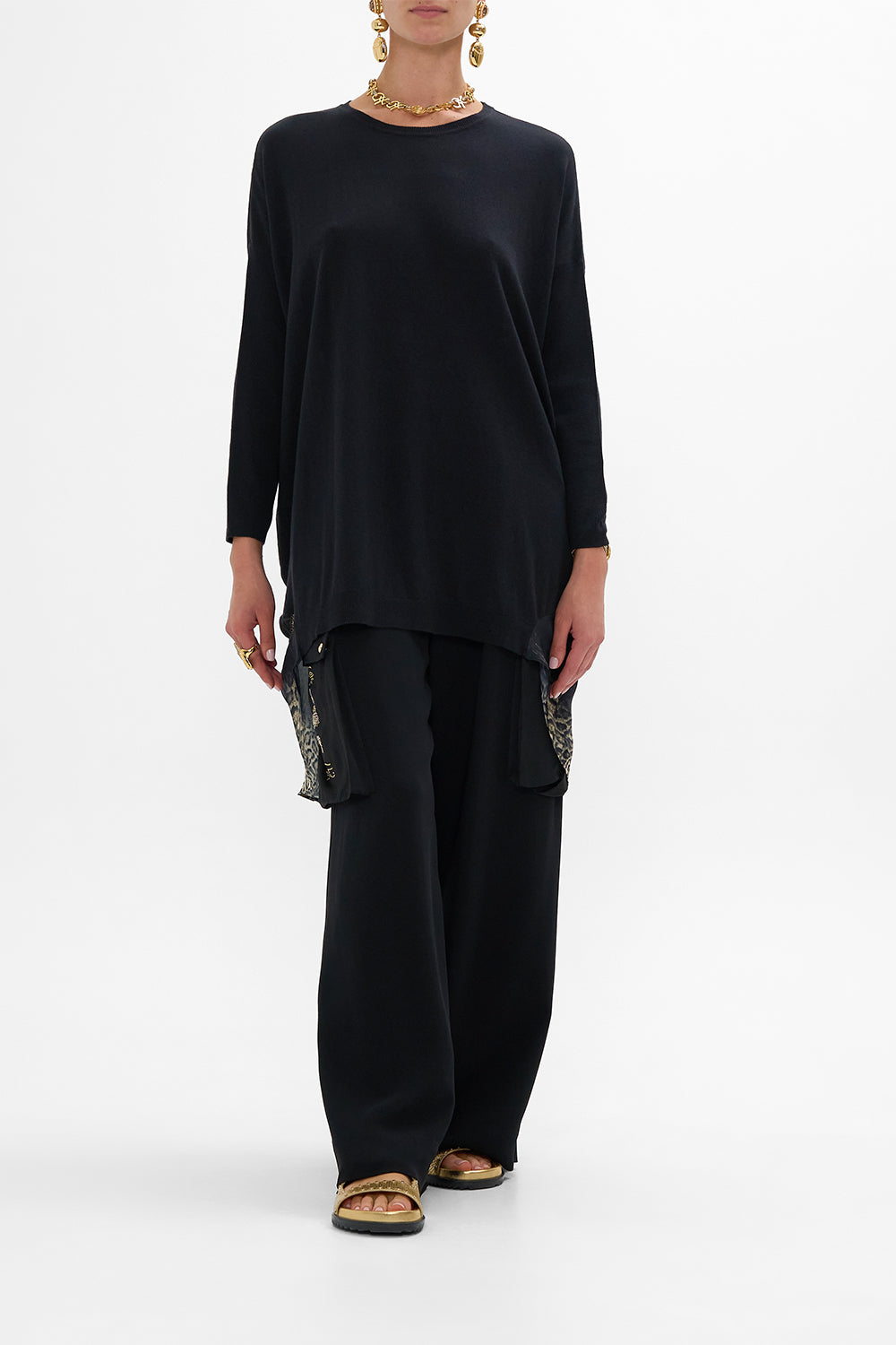 CAMILLA Black Long Sleeve Jumper With Print in Cat Worship print. 