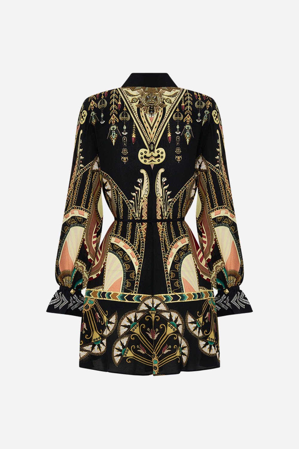 CAMILLA Black/Gold Shift Shirt Dress with Glomesh Cuff in They Called Her Nefertari print
