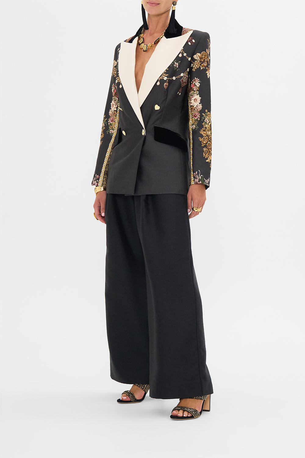 CAMILLA double breasted suit jacket in Dynasty Daze print. 