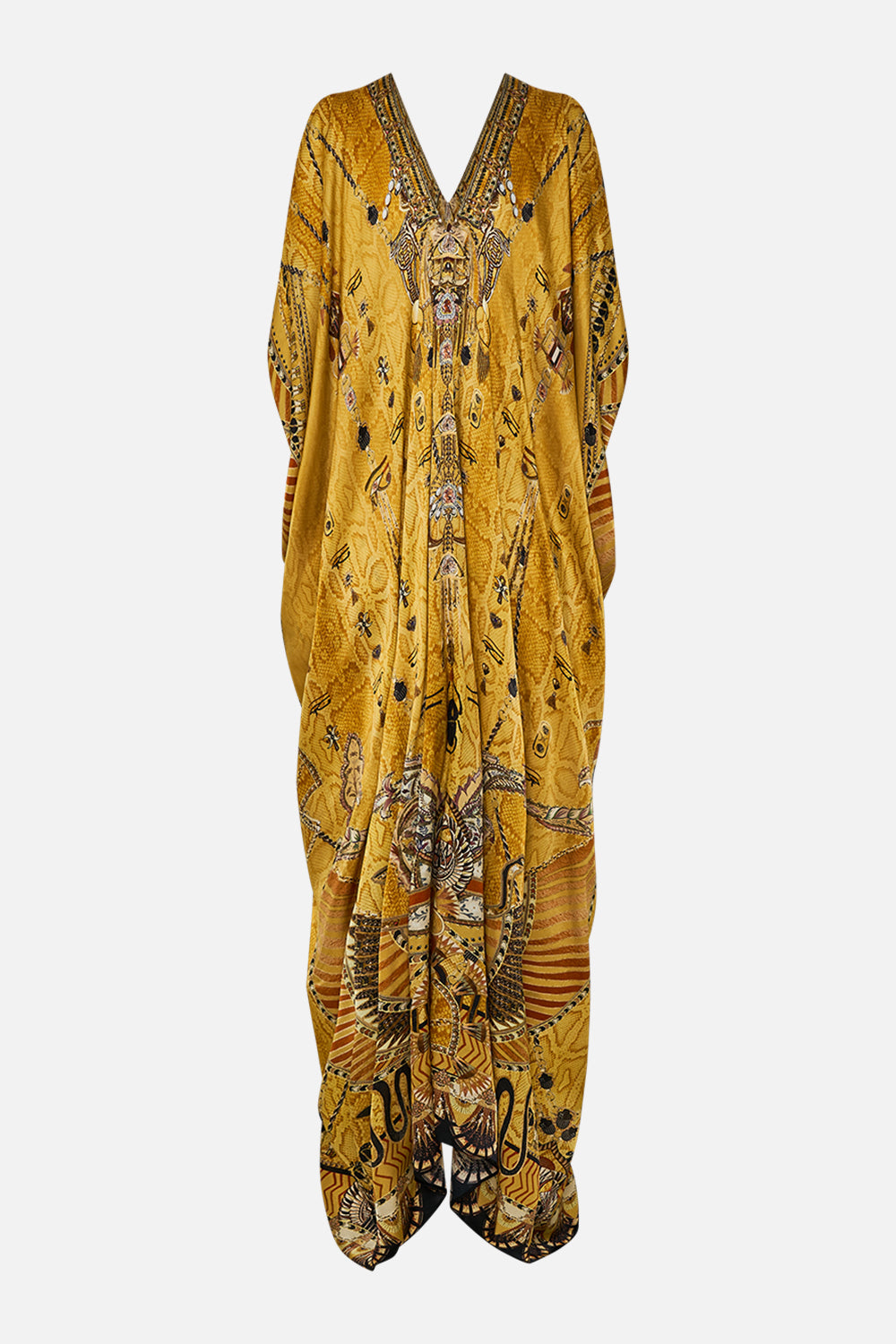 CAMILLA Gold Long Drape Dress with Zip Front in Valley of the Kings Print