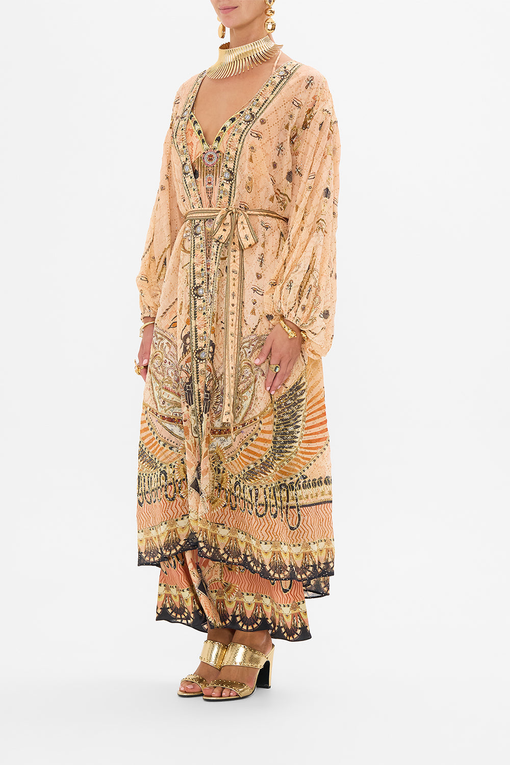 CAMILLA Gold Blouson Sleeve Embellished Layer in Kingdom of Hieroglyphs Print