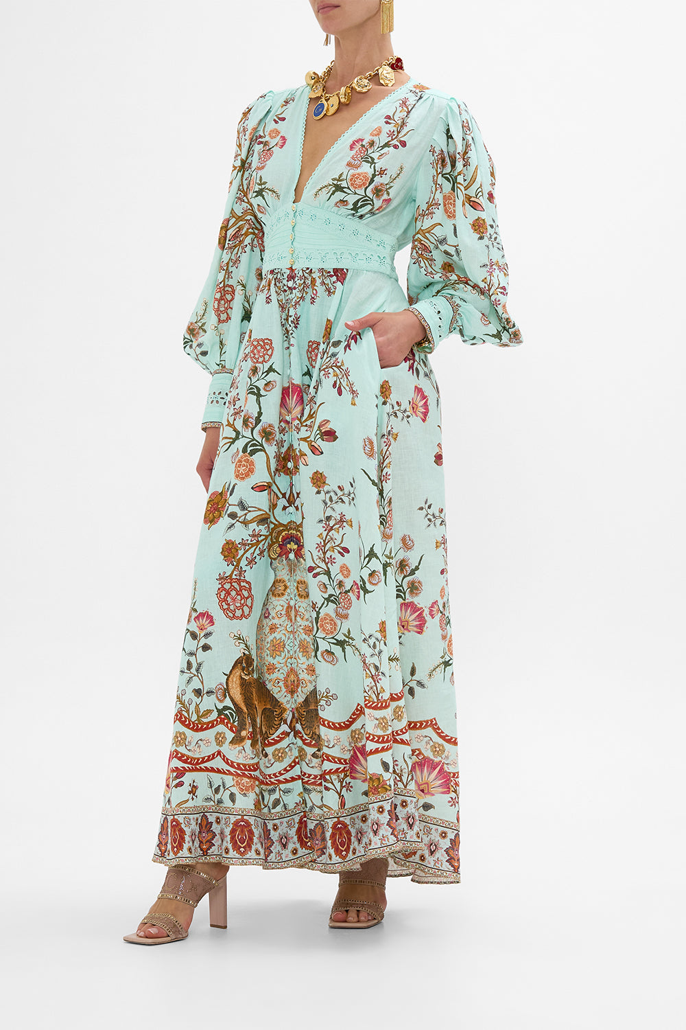 CAMILLA Shaped Waistband Dress with Gathered Sleeves in Weaving Worlds print