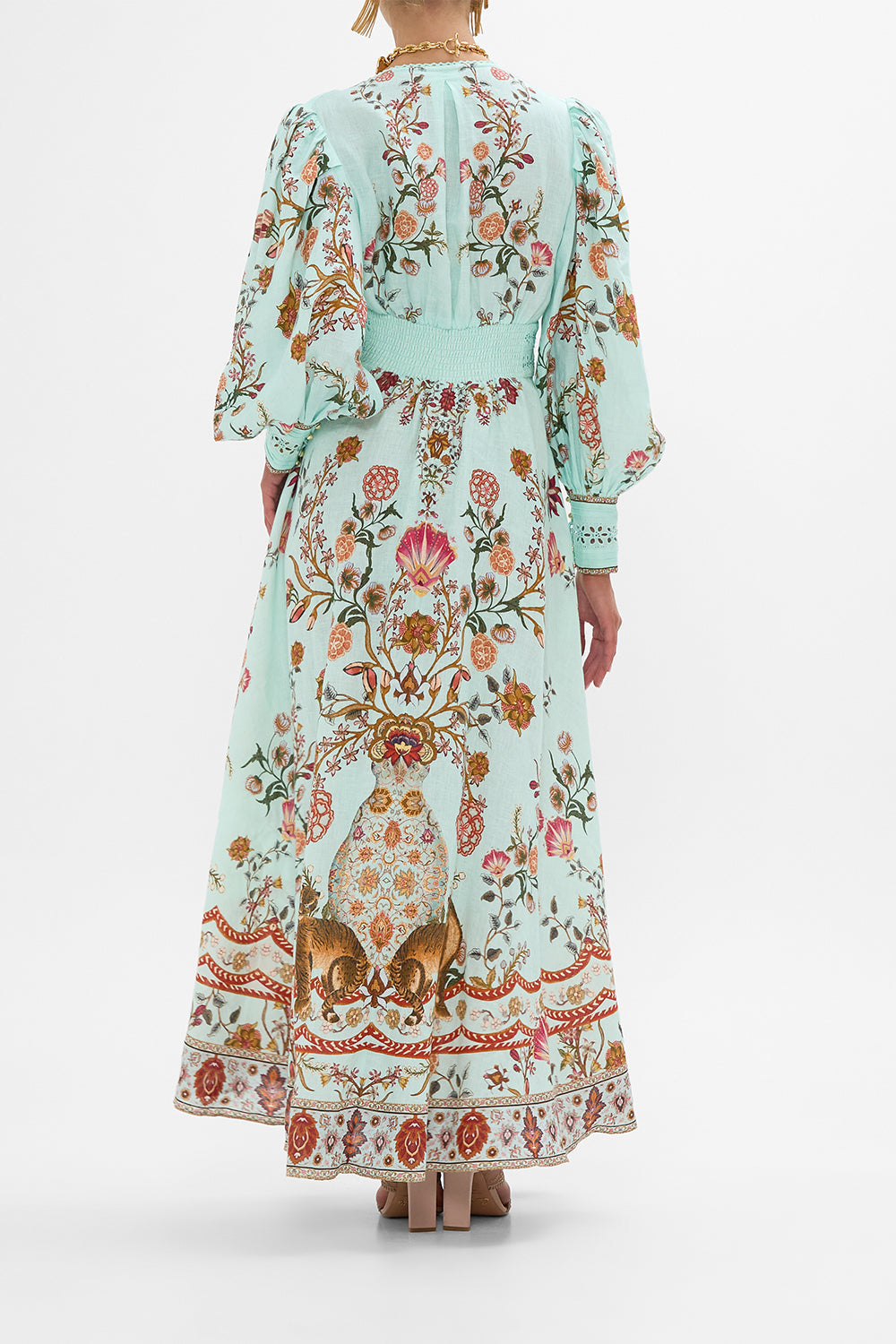 CAMILLA Shaped Waistband Dress with Gathered Sleeves in Weaving Worlds print