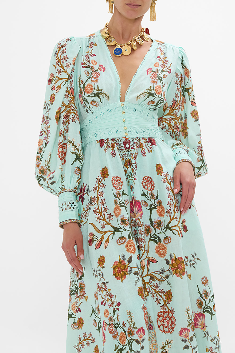 CAMILLA Shaped Waistband Dress with Gathered Sleeves in Weaving Worlds print