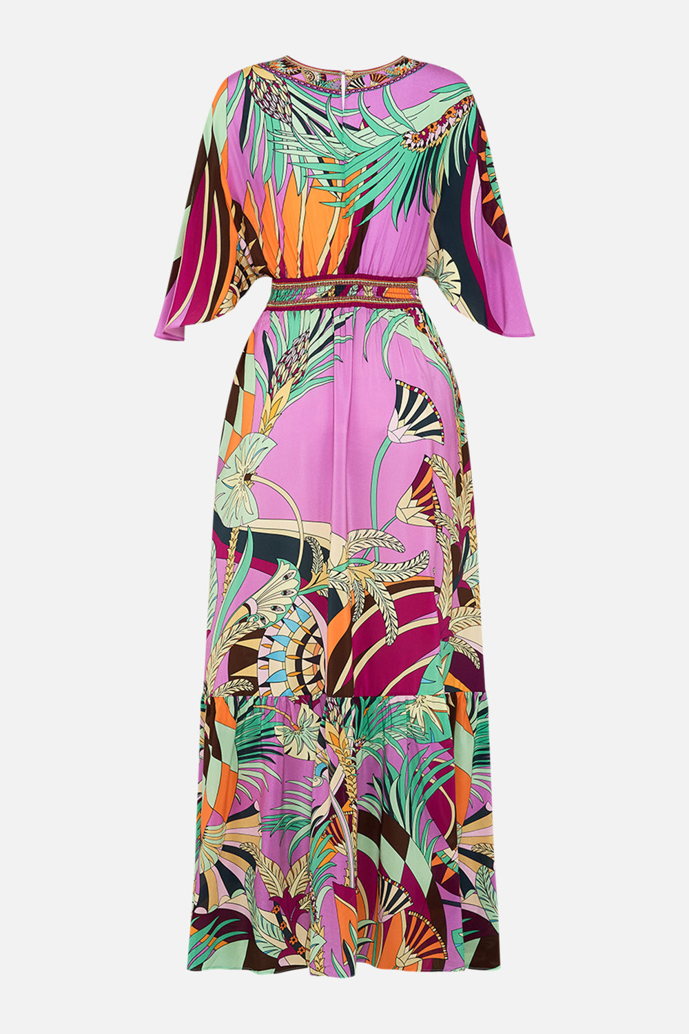 CAMILLA Waisted Dress With Hem Ruffle in Giza Goddess print. 