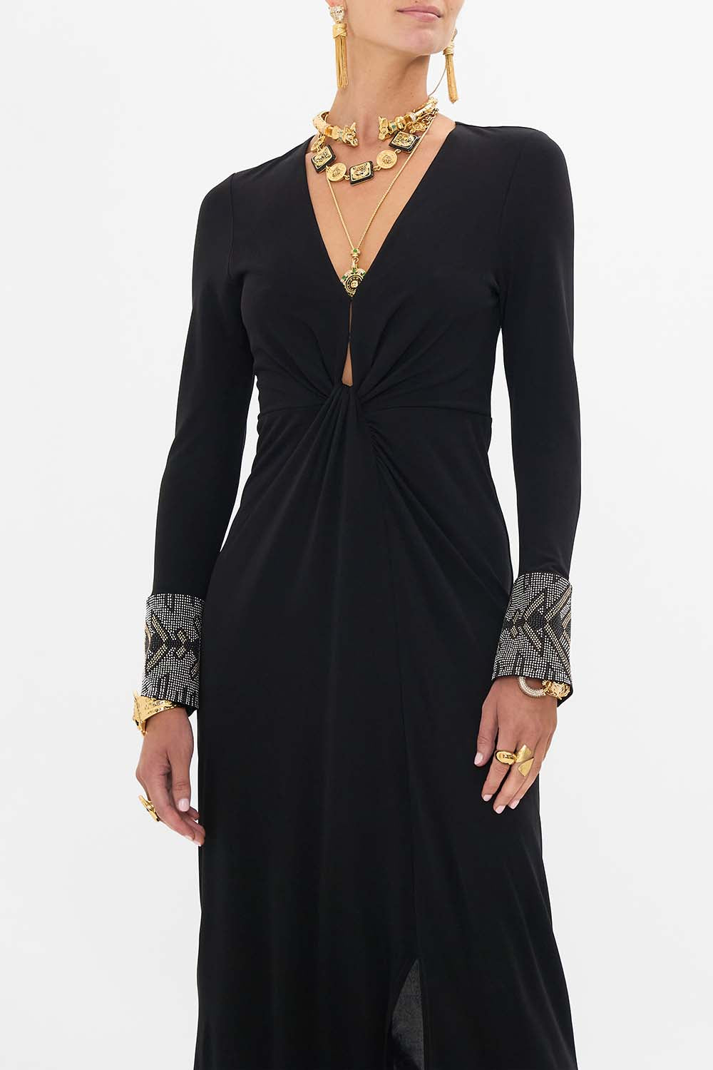 CAMILLA Long V Neck Twist Front Jersey Dress in Cartouche Kingdom print.