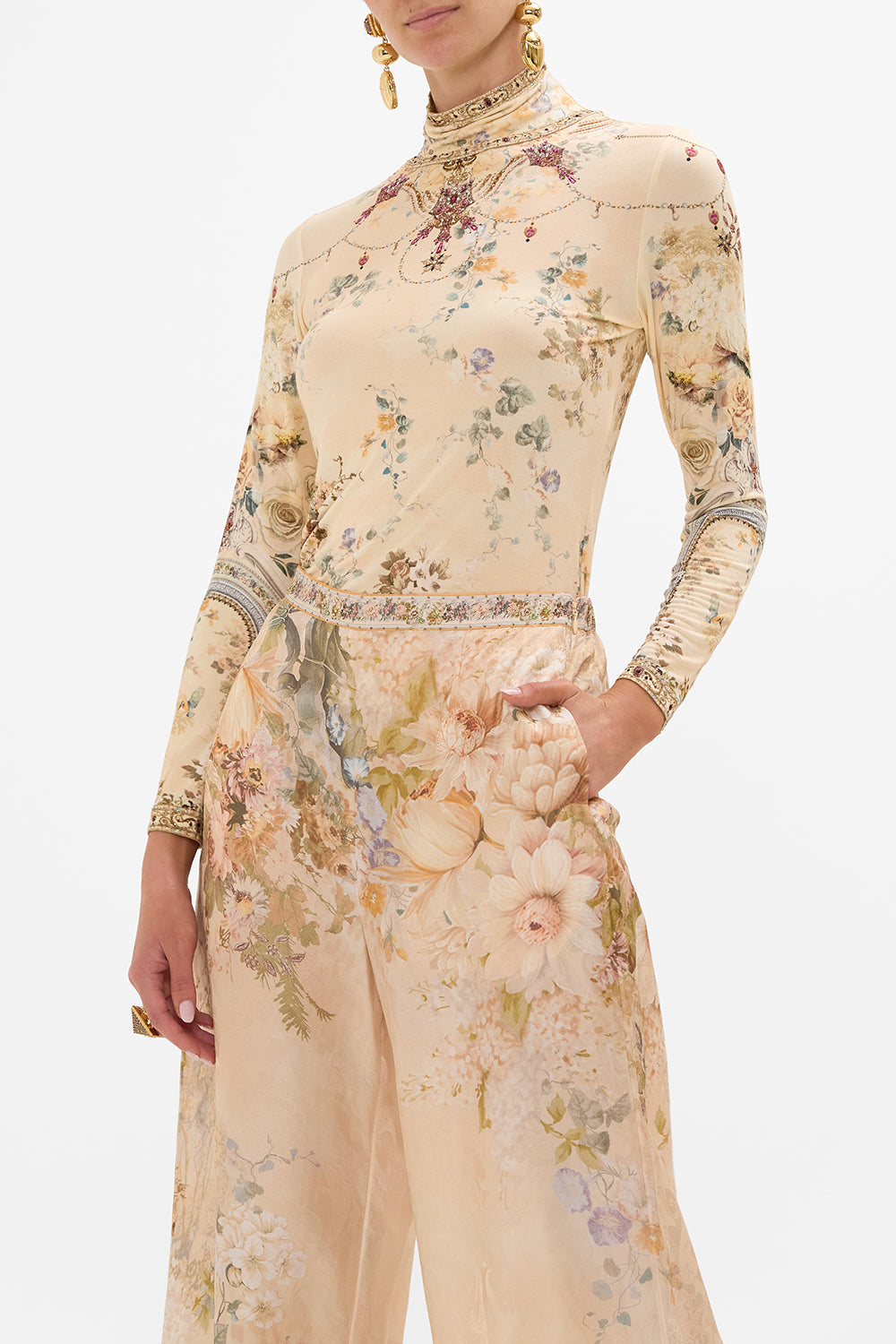 CAMILLA floral jersey turtleneck in Adorned in Antiquity print. 