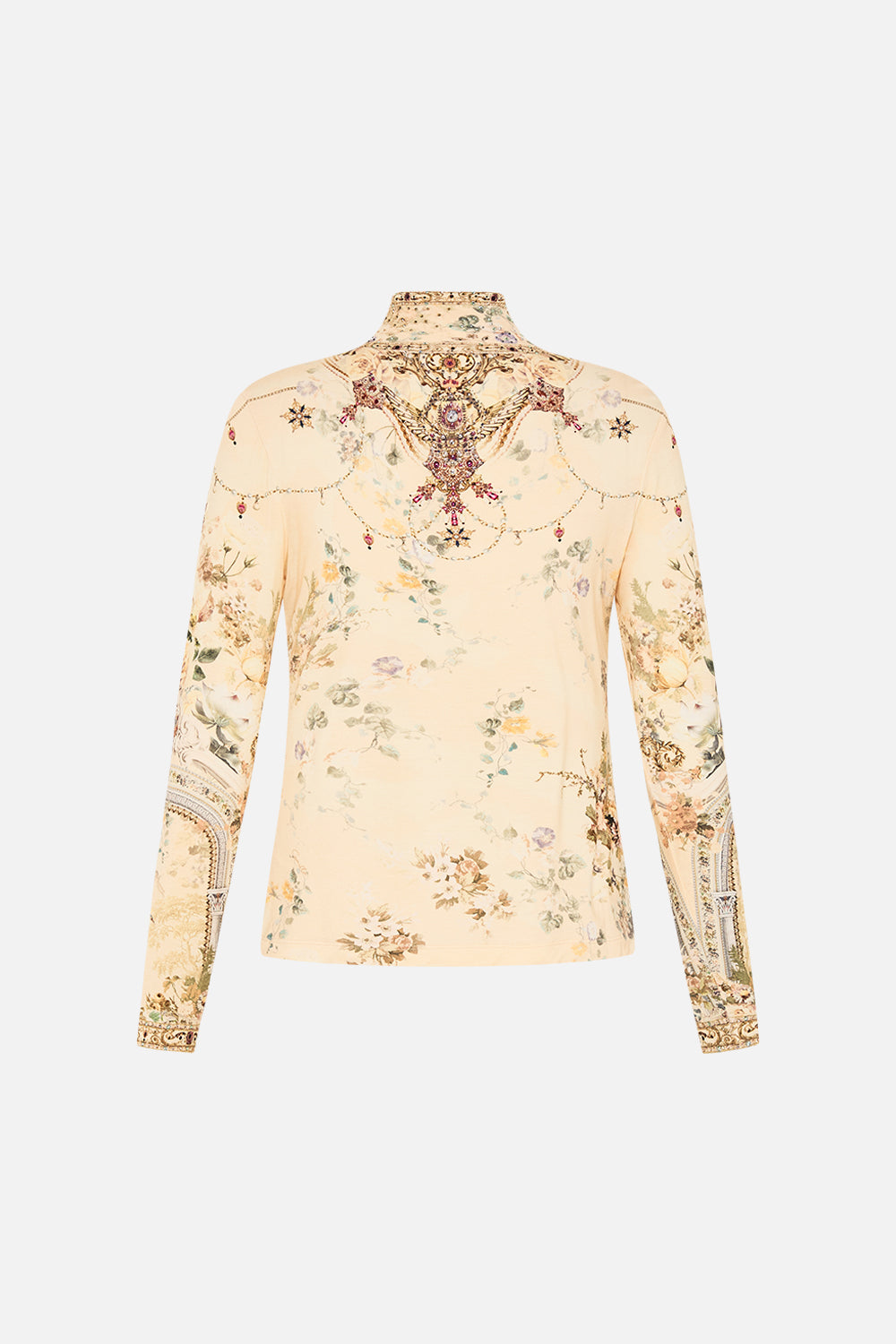 CAMILLA floral jersey turtleneck in Adorned in Antiquity print. 