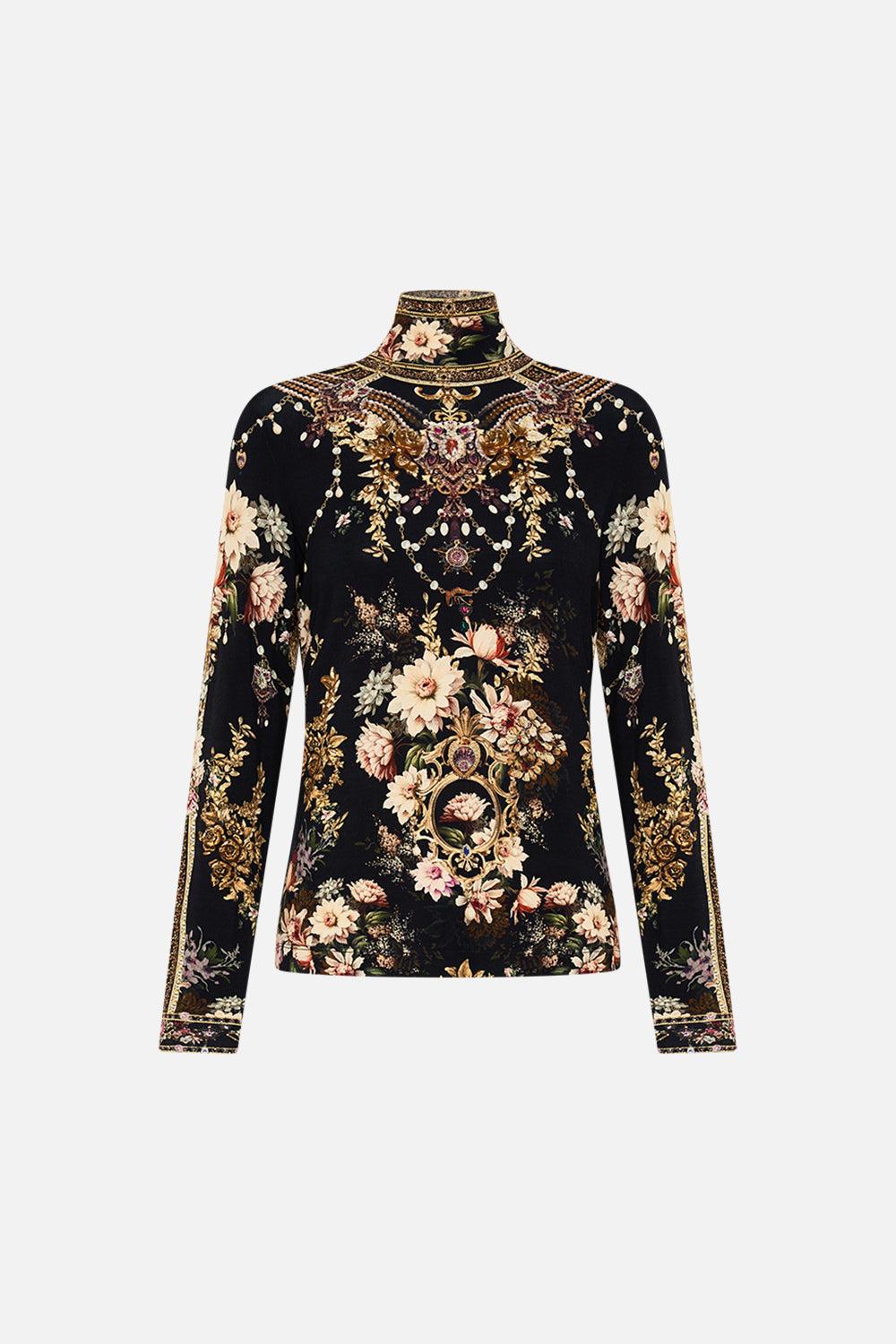 CAMILLA jersey turtleneck in Dynasty Daze print. 