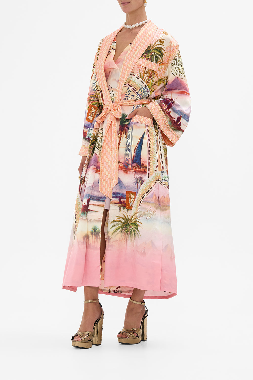 CAMILLA long robe with flared sleeve Milla's Got Mail print. 