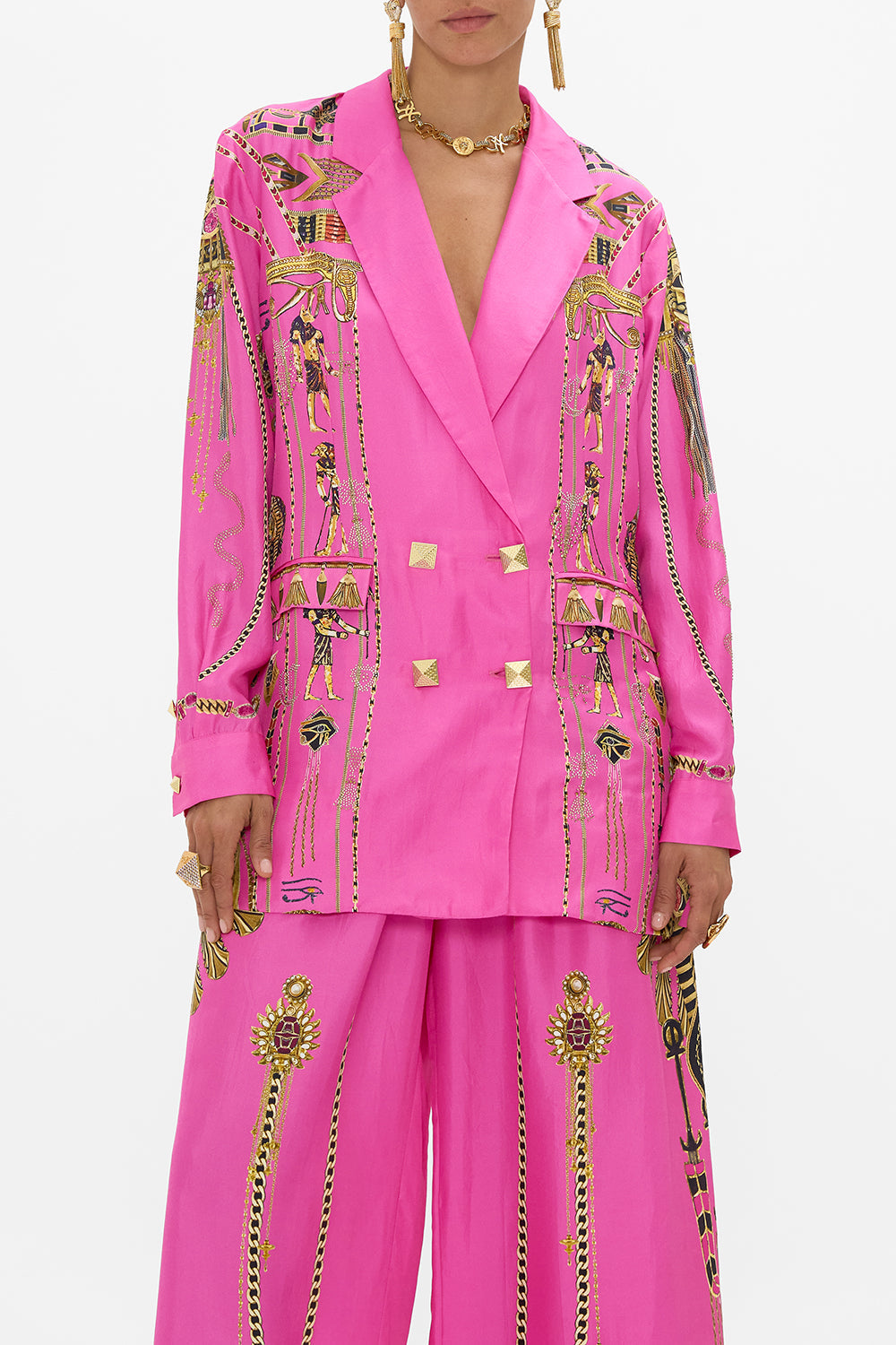 CAMILLA Double Breasted Soft Jacket in Songs of The Scarab print. 