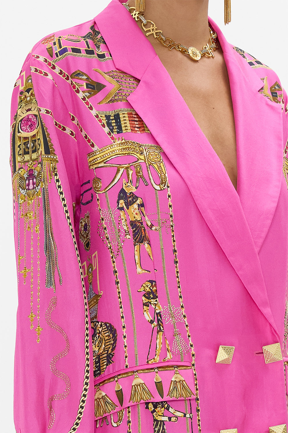 CAMILLA Double Breasted Soft Jacket in Songs of The Scarab print. 