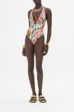 CAMILLA Ring Detail Plunge V One Piece in Giza Goddess print. 