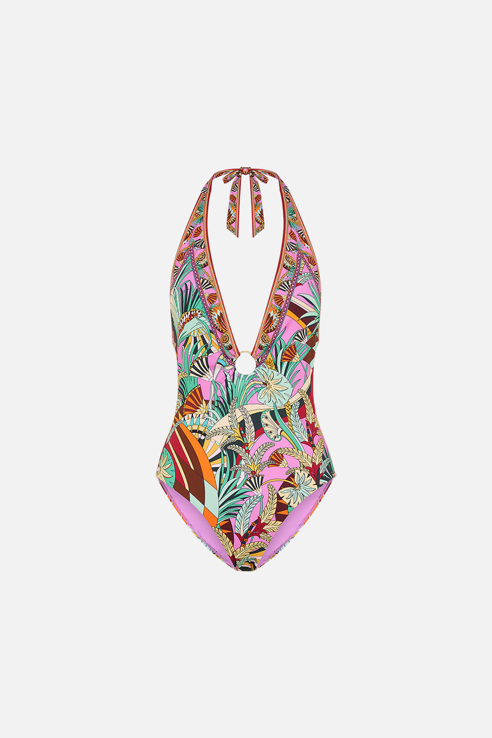 CAMILLA Ring Detail Plunge V One Piece in Giza Goddess print. 
