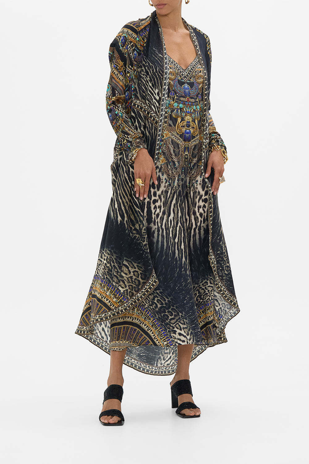 CAMILLA in Long Casual Jacket With Pockets in Cat Worship print. 