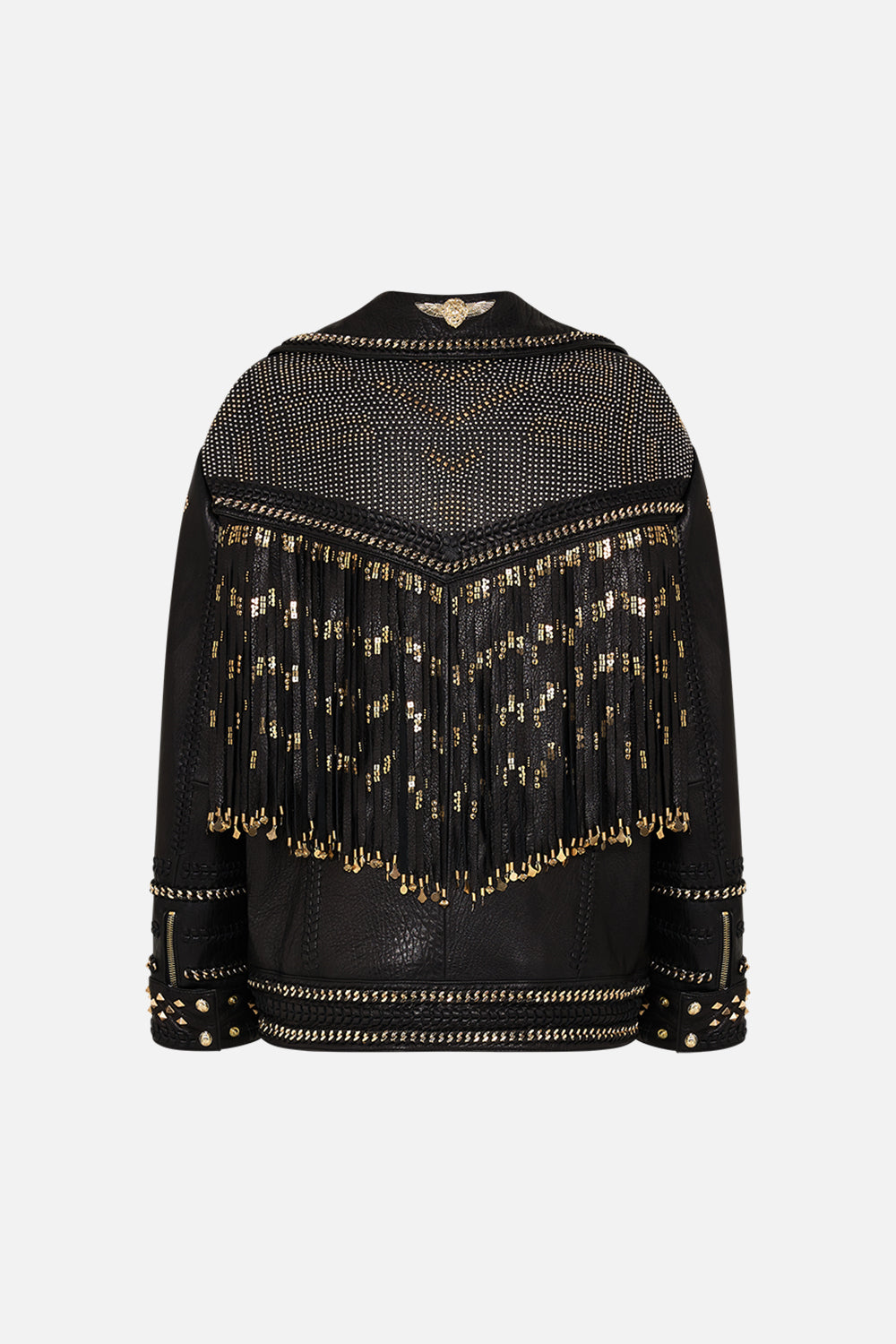 CAMILLA Black/Gold Oversized Leather Biker Jacket in They Called Her Nefertari print