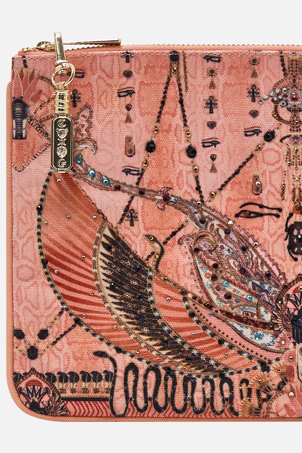 CAMILLA Gold Small Canvas Clutch in Kingdom of Hieroglyphs Print