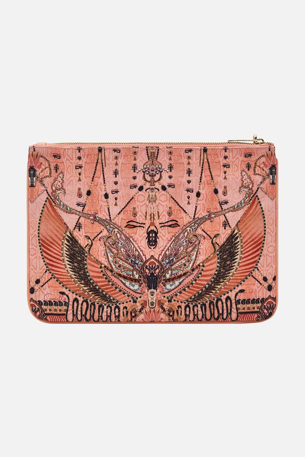 CAMILLA Gold Small Canvas Clutch in Kingdom of Hieroglyphs Print