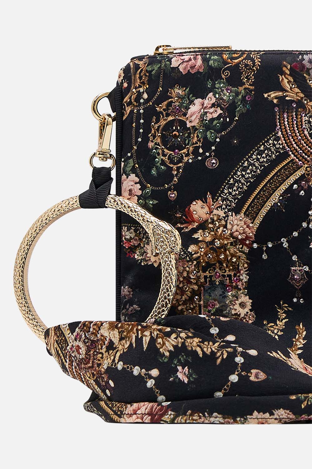 CAMILLA ring scarf clutch in Dynasty Daze print. 