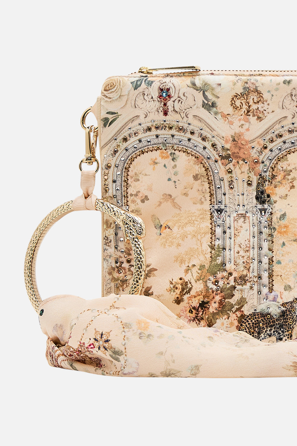 CAMILLA ring scarf clutch in Adorned in Antiquity print. 