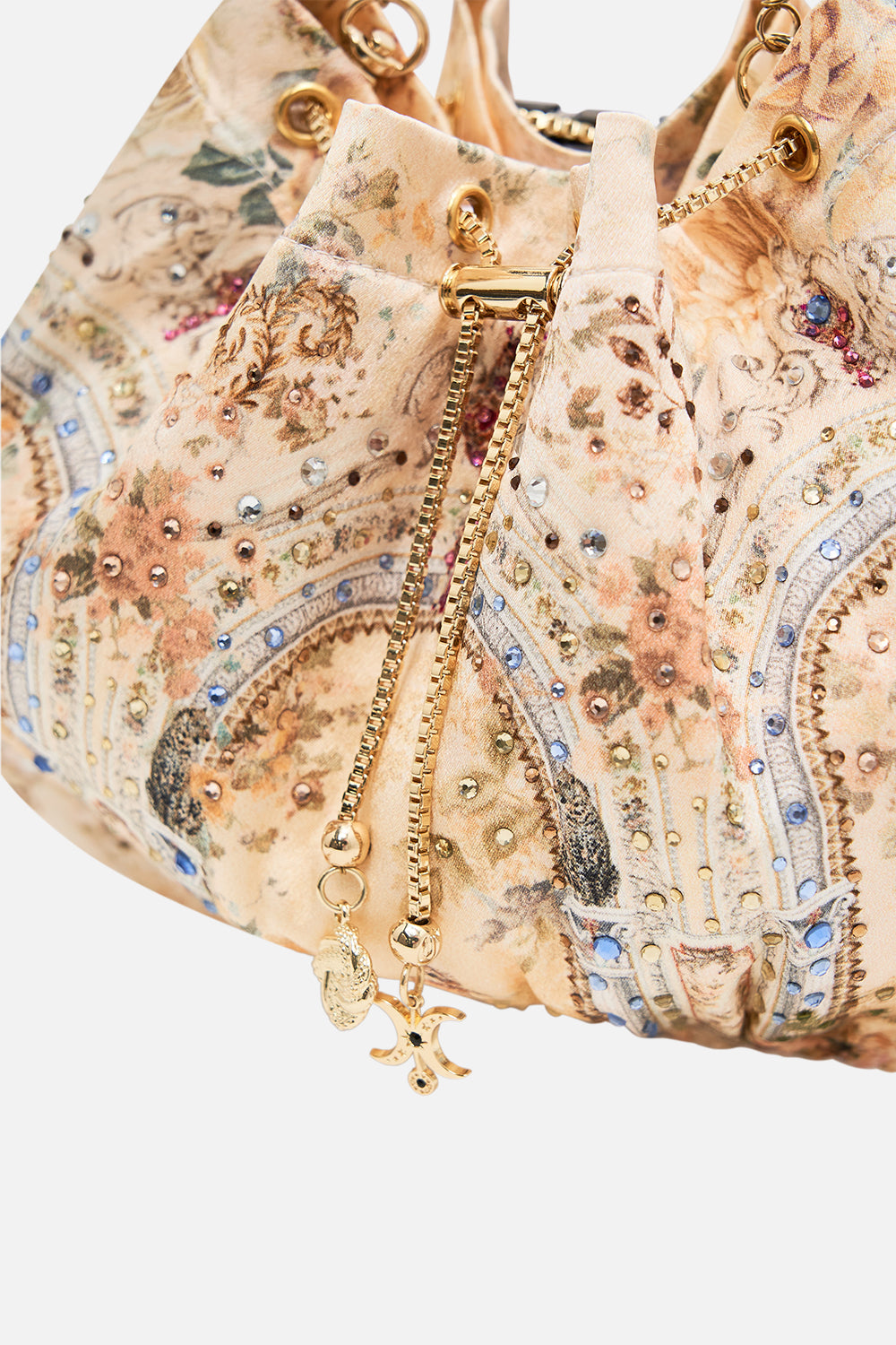 CAMILLA drawstring pouch with chain in Adorned in Antiquity print. 