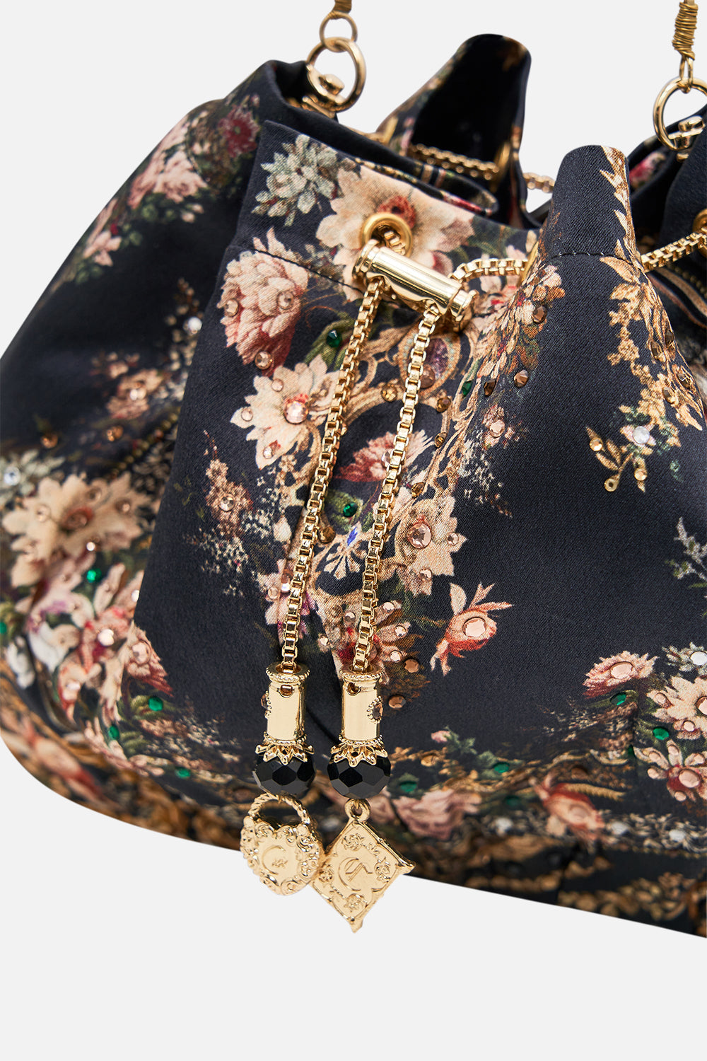 CAMILLA drawstring pouch with chain in Dyansty Daze print. 