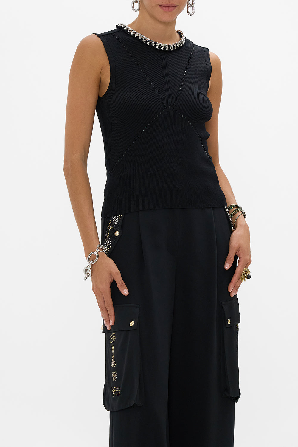 CAMILLA Sleeveless Knit Tank Top in Cartouche Kingdom print. 